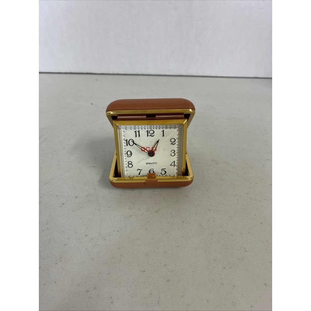 Vintage Equity Travel Alarm Clock Brown Faux Leather Folding Case Gold Tone MCM